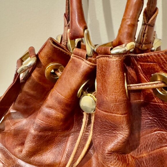 Bally Vintage Embossed Crocodile Chestnut Tan Leather Drawstring Bucket Handbag - Picture 6 of 16